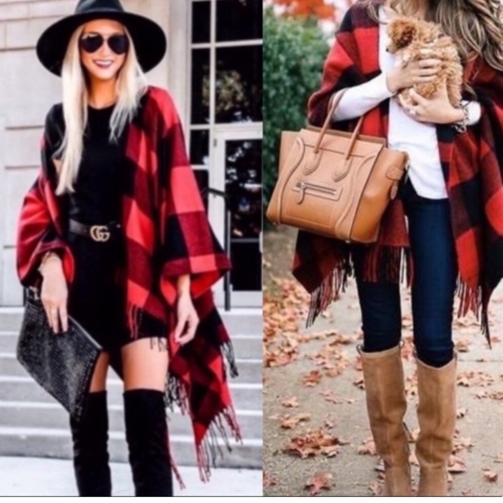 Red and black Buffalo plaid poncho/cape with fringe
